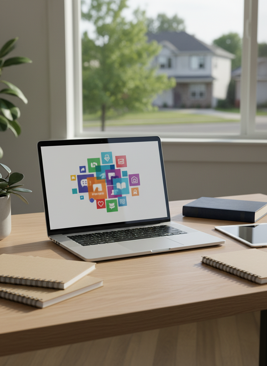 A sleek glass-and-metal laptop open on a light oak desk, its screen displaying an abstract grid of colorful digital resource icons and ebook covers without readable text. Around it, neatly stacked spiral-bound notebooks, a slim tablet, and a single hardcover book with a textured navy cover suggest organized learning. The setting is a bright, modern American home office with a large window revealing a soft-focus suburban neighborhood. Late-morning natural light washes across the desk, creating subtle reflections on the laptop surface and gentle shadows from a small potted plant. Photographic realism at eye-level, with a shallow depth of field that keeps the workspace crisp while the background softly blurs, conveying a professional, calm, and productive atmosphere for digital education and management.